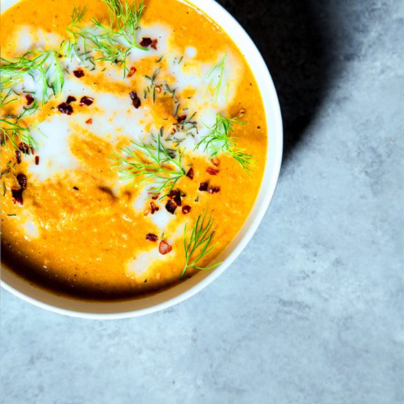 Fine fennel, carrot & coconut soup with Parmesan crisps