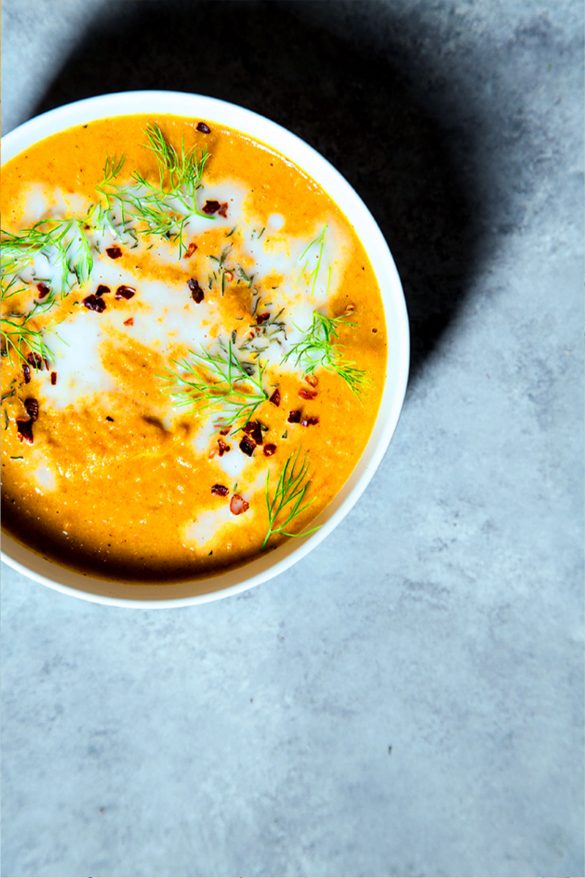 Fine fennel, carrot & coconut soup with Parmesan crisps